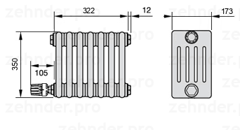 Схема (чертеж) Радиатор Zehnder Charleston 5035/7 №V003 Белый глянцевый RAL 9016